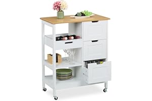 ‎RELAXDAYS Relaxdays Wózek na wyspę kuchenną, blat, 3 szuflady, 3 półki, 85 x 68,5 x 38,5 cm, wózek na kółkach, biały/naturalny, drewno, płyta pilśniowa