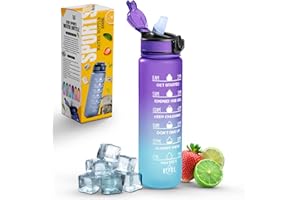 Roe Tenpo Sports Water Bottle with Straw and Time Marking, and 32OZ Capacity - Motivational and Eco-Friendly BPA-Free Bottle for Running, Gym, Yoga, Outdoors, and Camping (Style-1, Blue-Purple)