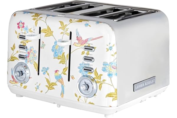 VQ Laura Ashley Grille Pain 4 Tranches avec Modes de Chauffage, Décongélation et Réchauffage Réglables. Inox Grille Pain Vintage avec un Support de Réchauffage Pour Croissants - Elveden Blanc