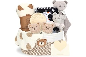 TOPSKY Newborn Baby Gift Basket - Baby Hamper Set with Cotton Rope Basket, Fabric Book, Comforter & Swaddle Blanket, Socks, Rattle, Bib, Milestone Cards - Unisex Baby Shower Gifts for Boy, Girl, New Mum