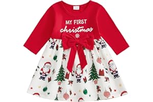 XIXIMAON Newborn Baby Girl First Christmas Dress Letter Santa Floral Bow Decor Long Sleeve Crew Neck Dresses Party Outfit Girls Autumn Winter Clothes