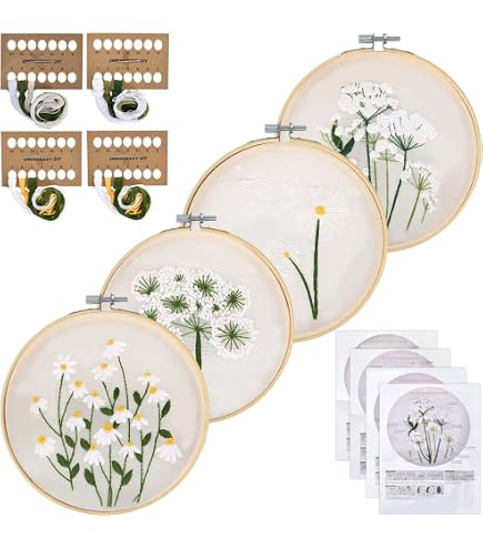Kit Ricamo Floreale Per Principianti Adulti - 4 Set Fai Da Te Con Telaio, Fili, Motivi Stampati E Strumenti - 3