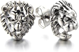 COOLSTEELANDBEYOND Stile Retrò Testa di Leone, Orecchini da Uomo, Orecchini a Lobo, Acciaio Inossidabile, con zirconi, 2 Pezzi