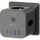 VEFVE Multiple Plug and Fast Charger 70W USB C GAN without Cable, Black | 3 sockets and 4 USB for MacBook and iPhone. 3680W t