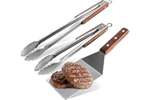 ESIE HOUZIE Stainless Steel Barbecue Tongs Grill Spatula Set- 34.5 & 44.5 cm Kitchen Tongs and Metal Spatula with Wooden Handles Space-Saving BBQ Accessories for Kitchen Cooking, Family Barbecues, Teppanyaki