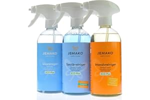 Jemako Reiniger im Set - 1 x 500ml Intensivreiniger ECO Plus - 1 x 500ml Sanitärgrundreiniger - 1 x 500ml Glasreiniger - inkl. Sinland Microfasertuch & 3 x Schaumpumpe