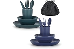 ReaNea Camping Mess Kit for 2 with Bowl, Plate, Cup, Spoon, Fork, Knife and Carry Bag, Plastic Camping Accessories Essentials Gear for Couple Travel, Picnic, Outdoor, Easy to Carry