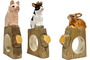 your castle Juego de 3 servilleteros con forma de animales sobre base: conejo, vaca y cerdo hechos de madera tallada y pintada a mano, aprox. 11 x 6 x 2 cm