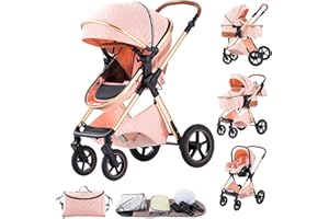 BEBBY Carrito Bebe 3 en 1, Empuje Bidireccional Reversible，Cochecitos Combinados Portátil Plegable，3 Piezas Empuje Bidireccional Reversible, Cochecito Bebe Marco de Aleación Aluminio H2-PINK
