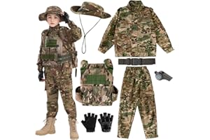 MELFZDM Kinder Militär-Kostüm Set, Taktische Weste, Tarnanzug mit Jacke und Hose, Boonie-Hut, Handschuhe, Gürtel und Pfeife, Camouflage