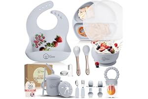 O'doe 17-teilig Baby LED-Entwöhnungszubehör für Kleinkinder, Babyfütterungsset | Saugnapf-Silikon-Babyschale, selbstverzehrende Utensilien mit Löffeln, Tassen, Lätzchen, Essteller-Set mit |Grau, V2