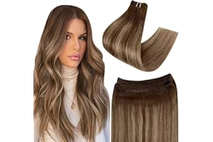 Easyouth Weft Hair Extensions Real Hair Brown Balayage Double Weft Sew in Extensions Ombre Brown to Honey Blonde Weft Human Hair 70g 14 Inch