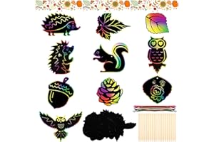 TOPJOWGA Autunnali Scratch Art per Bambini, 40 Pezzi Carta per Graffi di Autunnali, Arcobaleno da Grattare Foglie Gufo Scoiattolo per Decorazioni, Scratch Art Decorazioni