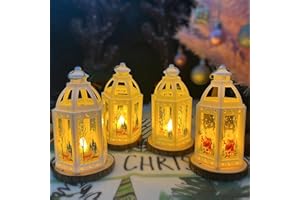 JINGTOPS 4 Pezzi Lanterne Natalizie Decorazione, LED Lanterna Babbo Natale Appendere,Pendenti Lampada Senza Fuoco Candela, Lampada Esterno/Interno Decorata con Albero Babbo Natale Alci Pupazzo di Neve13x7 cm