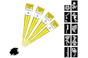 4 x FADEDA Henna Cones | 4 x 25 g Natural Paste | Black | 10 Different Sticker Stencils | 100% Vegetable | Ready to Use & without PPD