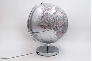 Mascagni 20A O709 Globe Terrestre décoratif Lumineux-Mappemonde-Eclairage LED-Base en métal argenté-Diamètre 30 cm, Gris métallisé