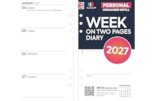 NBPLANNER 2027 Week on two pages diary refill organiser insert | January 2027 – December 2027 | Compatible with Filofax personal size organisers | 95 x 171mm