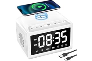 laoonl Alarm Clocks Bedside, Digital Alarm Clock Radio with Bluetooth Speaker, USB Charging Port, FM Radio, Universal Wireless Qi Charging, Dimmable LED Display, Dual Wireless Speaker for Home, Work
