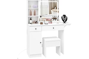PANANA Vanity Desk Set with Fold-up Panel, 2 Drawers & 1 Cabinet Makeup Table with Mirror and LED Lights Power Outlet, Storage Cushioned Stool, Dressing Table for Bedroom (White)