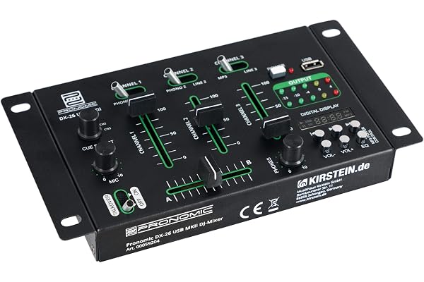Pronomic DX-26 USB MKII DJ-Mixer - Mixeur DJ 3 canaux - Fonction Cue pour tous les canaux - Lecteur MP3-2x canal Line/Phono - 2x entrée micro