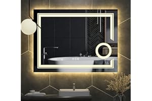 LUVODI Specchio da Bagno con LED Ingranditore: 3X Specchio Bagno Retroilluminato e Frontale Specchio Rettangolare 60x80cm - Specchio Bagno con Luce Led Parete Touch, Anti-appannamento