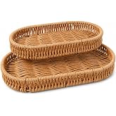 ARVALE 2'li Oval Rattan G&ouml;r&uuml;n&uuml;ml&uuml; Hasır Sunum Tepsisi Seti &ndash; Banyo Dresuar &amp; Ev Organizat&ouml;r Tepsi