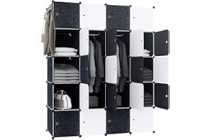 ‎LILIIN LILIIN Kleiderschrank, Tragbarer Regalsystem, 20 Würfel Schrank aus Kunststoff mit 2 Kleiderstange, Schlafzimmerschrank Portable Garderobe für Kleidung, Bücher, Spielzeug 145 x 178 x 37cm