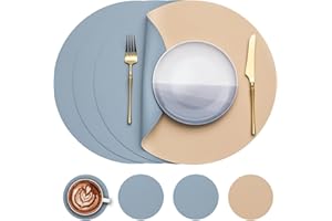 Myir JUN Round Table Placemats Set of 4 Faux Leather Place Mats and Coasters 15 inch Round Placemats Dual Sided Placemats Non-Slip Wipe Clean Stain Resistant Placemats (Yellow Blue,Set of 4)