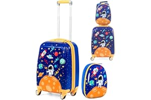 GOPLUS Set di 2 Pezzi da Viaggio, Valigia e Zaino per Bambini, Valigetta con 4 Ruote, Rosa/Blu, con Disegni Multicolore e Carini (Astronauta)