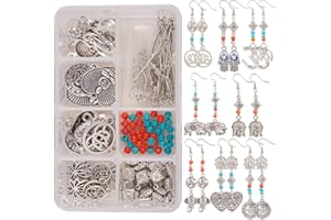 SUNNYCLUE 1 Caja de Bricolaje Hacer 8 Pares de Pendientes Espirituales Tradicionales de la India AUM Om Ohm con Amuletos de Ohm Charm de Loto Buda Elefante Colgante, Plata Antigua