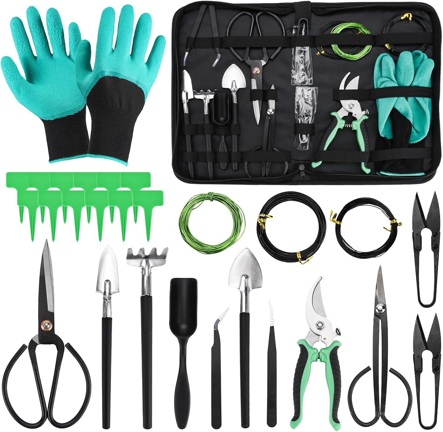 TAVADA Juego de Herramientas Jardineria, 28 Piezas Kit Bonsai Incluyen Tijeras, Alambre, Mini Rastrillo, Pala y Tijeras de Podar, Las Suculentas Herramienta para Jardineria Casera y Plantas de Balcón