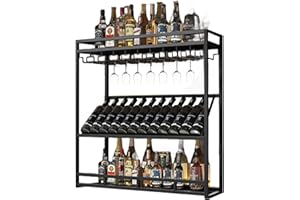 amhricho Wall Mounted Wine Rack, Modern Large Capacity Full Metal Wine Rack with Bottle and Cup Holders, 3-Tier Multi-functional Shelf for Home Restaurant Bar Storage Rack(Black,80cm/31.5in)