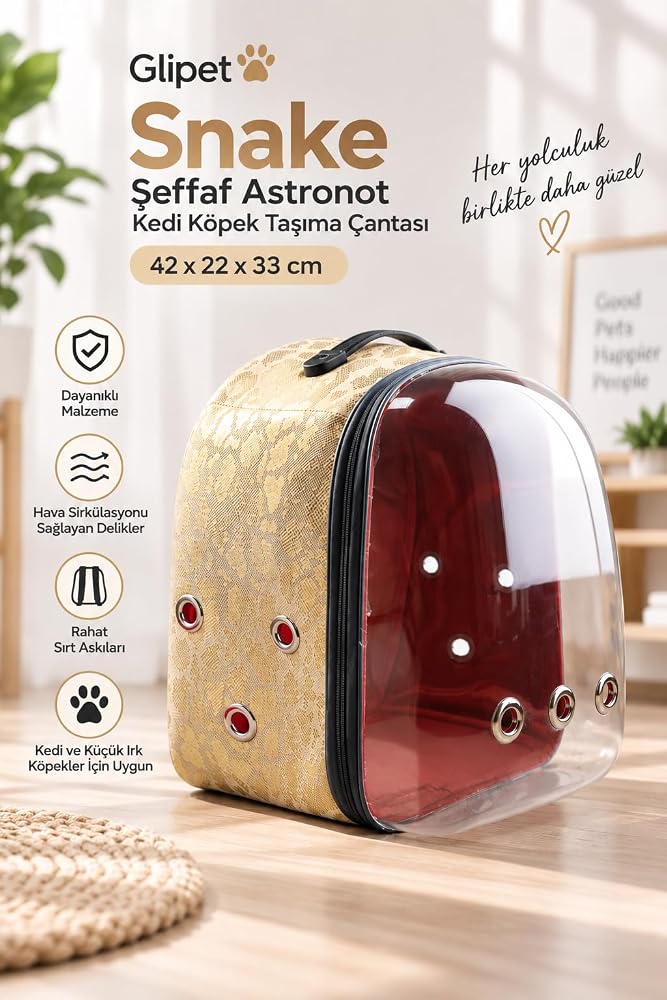 Glipet Snake Şeffaf Astronot Kedi Köpek Taşıma Çantası 42x22x33 Cm Sarı