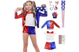 Enhenenhen Costume Joker Bambina Donna, Vestito Harly Quin Bambino Adulti, Joker Queen Cosplay Costumi con T-Shirt, Giacca Pantaloncini e Guanti. Perfetto per Halloween, Carnevale