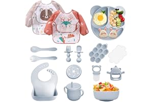 Bizcasa 14er Baby Geschirrset, Silikon Baby Weaning Besteck Set, Rutschfest, Teller, Schüssel, Lätzchen, Löffel, Gabel, Fruchtsauger, Babybrei Einfrieren Behälter, Beißring Baby, BPA Frei (Grau)