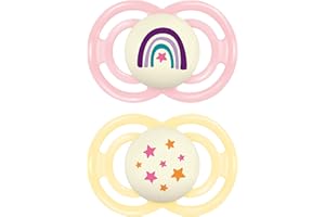 MAM Perfect Night Confezione Doppia Succhietto 6+ Mesi (Set da 2), Ciuccio MAM 6-16 mesi che si illumina al buio, Accessori neonato in silicone per lo sviluppo orale con porta ciuccio, Rosa/Giallo