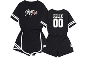 ENJOYYOURLIFE KPOP Straykids Camiseta Set Expuestos Pantalones Cortos Ombligo Traje De La Camiseta Stray Kids Bang Chan Changbin Hyunjin Han Felix Seungmin Crop Top T-Shirt