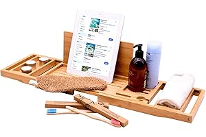 MASTERS & BURRELL Bamboo Bath Tray, Luxury Extendable Caddy Eco-Friendly with Candle, Wine Glass, Book, iPad & Phone Holders - Adjustable for a Home Spa Experience