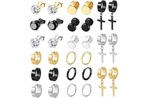 BVLAGIDA 15 Paires Boucle d'Oreille Homme, Boucle d'Oreille Acier Inoxydable, Noir Argent Or Clous d'Oreilles, Boucle d'Oreille Créole, Boucles d'Oreilles Faux Plug pour Homme Femme