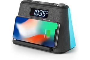 i-box Alarm Clocks Bedside, Alarm Clock with Wireless Charging, Bluetooth Speaker, FM Radio, Qi Wireless Charger, White Noise Machine, Night Light/Mood Light, USB Port, Dimmable, Non Ticking