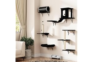 Kletterwand Katzen Set - 7-teilig, Stabiler Holzkletterer für Katzen, Wandpark mit Katzenhaus, Brücke, Tunnel, Baum, Treppe & Kratzbrett bis 10 kg (Schwarz)