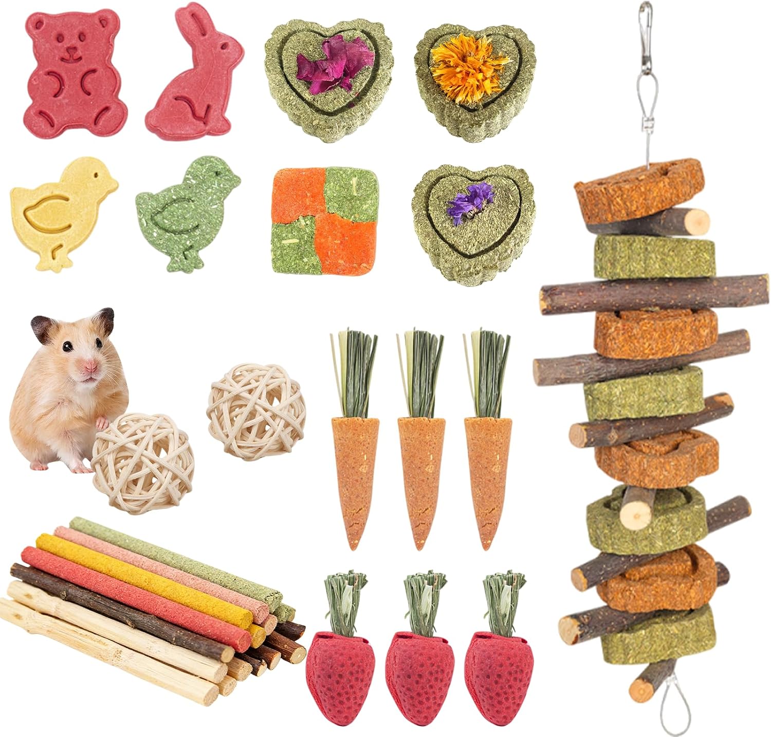 Juego de 42 Juguetes para Conejos, Juguetes Naturales para Masticar Conejo, Juguetes Hamster, cobaya y Chinchilla, palitos de heno de Madera de Manzana para Tratar la dentición de Conejos y Animales