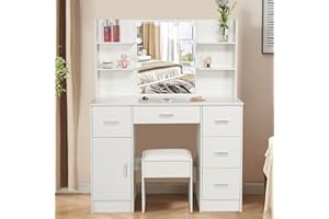 LIANWANG Tocador Grande con Luz LED, Brillo Ajustable, Mesa de Maquillaje con Espejo, 4 Compartimentos Abiertos, 5 Cajones, 1 Taburete, Blanco, 100x40x140cm