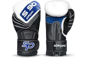 Starpro S90 Gants de Boxe en Cuir Synthétique pour Entraînement et Sparing en Muay Thaï Kickboxing Fitness and Boxercise, Hommes et Fames, en Tailles: 10 oz 12 oz 14 oz 16oz 18oz - Bleu et Noir
