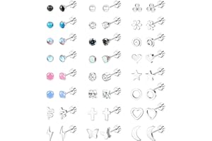 LOLIAS 24 Pairs Flat Back Earrings For Women Girls Surgical Steel Silver Gold Black Screw Back Stud Earrings Cz Opal Moonstone Star Pearl Small Earring Helix Tragus Piercing Jewellery