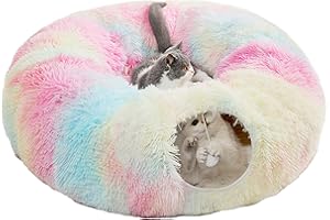 FUERDICH Cat Tunnel Bed for Indoor Cats Kittens, 30cm Plush Foldable Doughnut Nest Pet Tunnel Nest, Large Cat Donut Bed Tunnel Tube with Central Mat (Colorful)