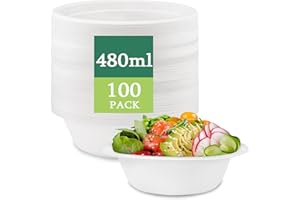 ECOSTAR 1618 ECOSTAR Cuencos Desechables, Cuencos Rígidos de Bagazo,Vajilla desechable Biodegradable extrafuerte de Color Blanco,Alternativa Natural al Plástico, Para Fiestas/Picnics/Hogar (100, 480ML)