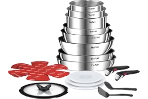 Tefal Ingenio köksredskap 20 st, stekpannor, kastruller, wok, stekpanna, lock, avtagbara handtag, induktion, rostfritt stål, diskmaskinssäker (5 års garanti), Emotion L897SJ04