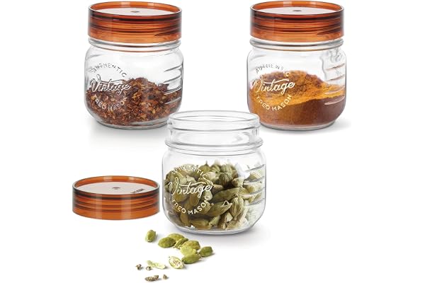 Treo By Milton Vintage Glass Jar With Plastic Lid, set of 3, 300 ml, Transparent Storage Jar Kitchen Organiser Modular Food Safe Transparent Refrigerator Safe Air Tight