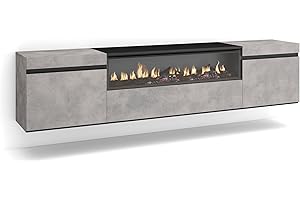 Skraut Home | Mobile TV Soggiorno | Ampio spazio a disposizione | 200x45x35cm | Per TV fino a 80" | Camino elettrico | Sospeso, da appendere | Stile moderno | Cemento